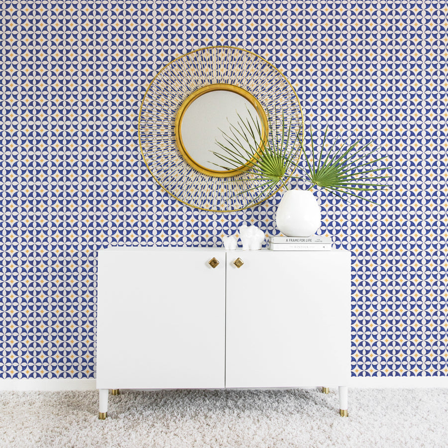 Mid century modern wallpaper with blue and yellow tiles