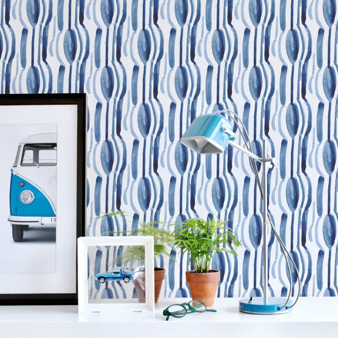 retro style boys bedroom design with blue removable wallpaper