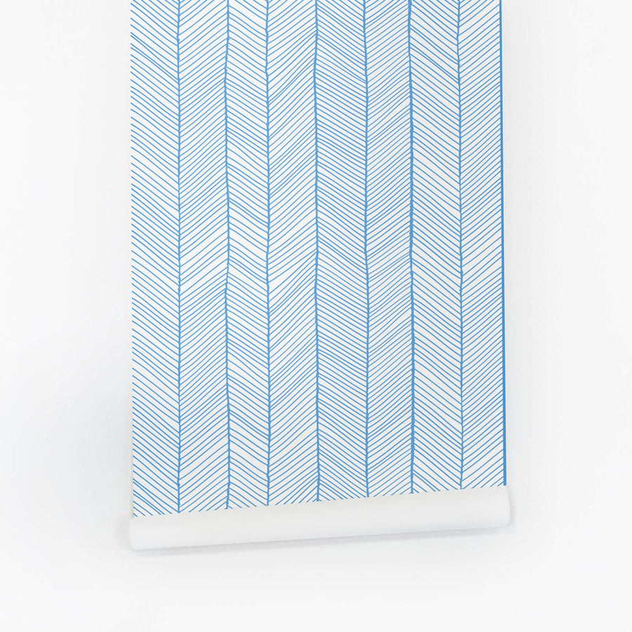 blue herringbone removable wallpaper with tiny chevron striped for nursery interior