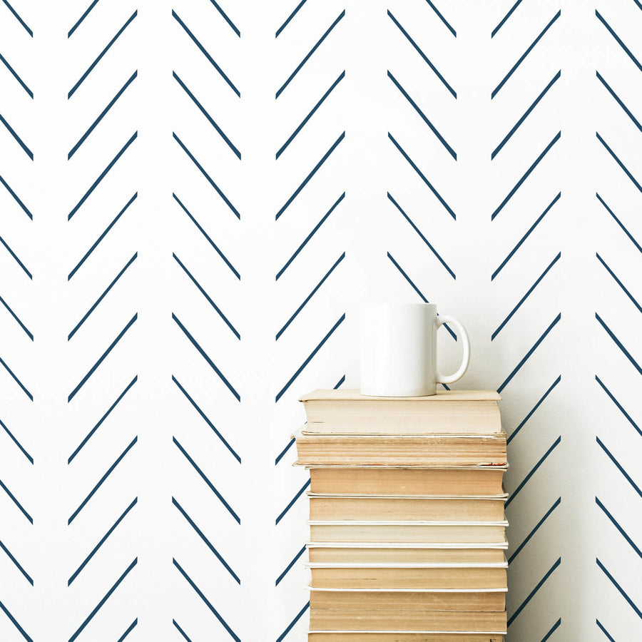 blue herringbone print wallpaper for nautical boys bedroom interior