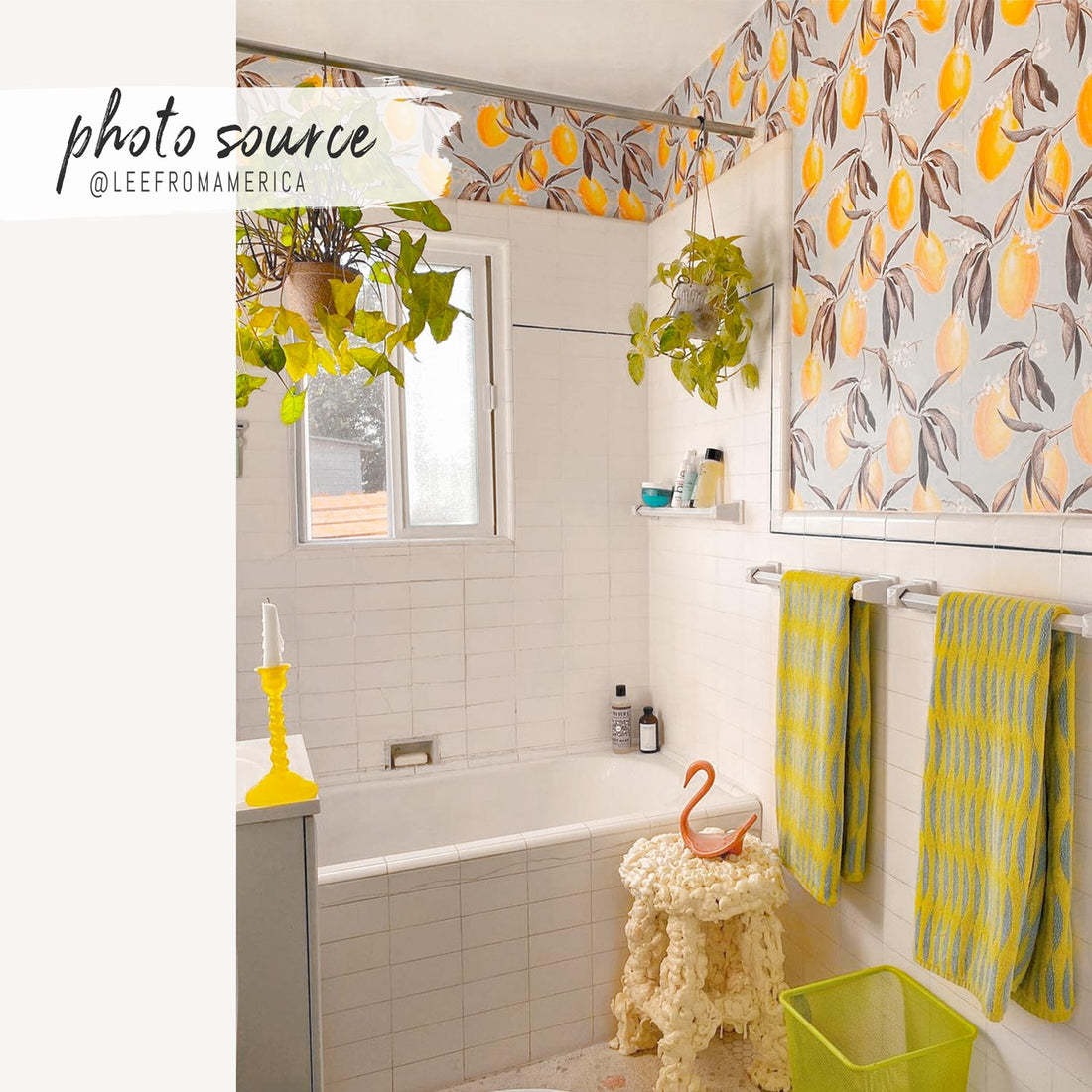 coastal inspired bathroom wallpaper with yellow lemon pattern