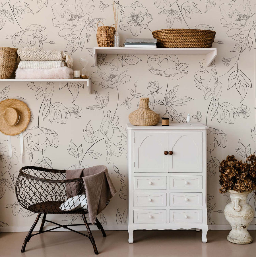 Bohemian style nursery interior with delicate floral design removable wallpaper