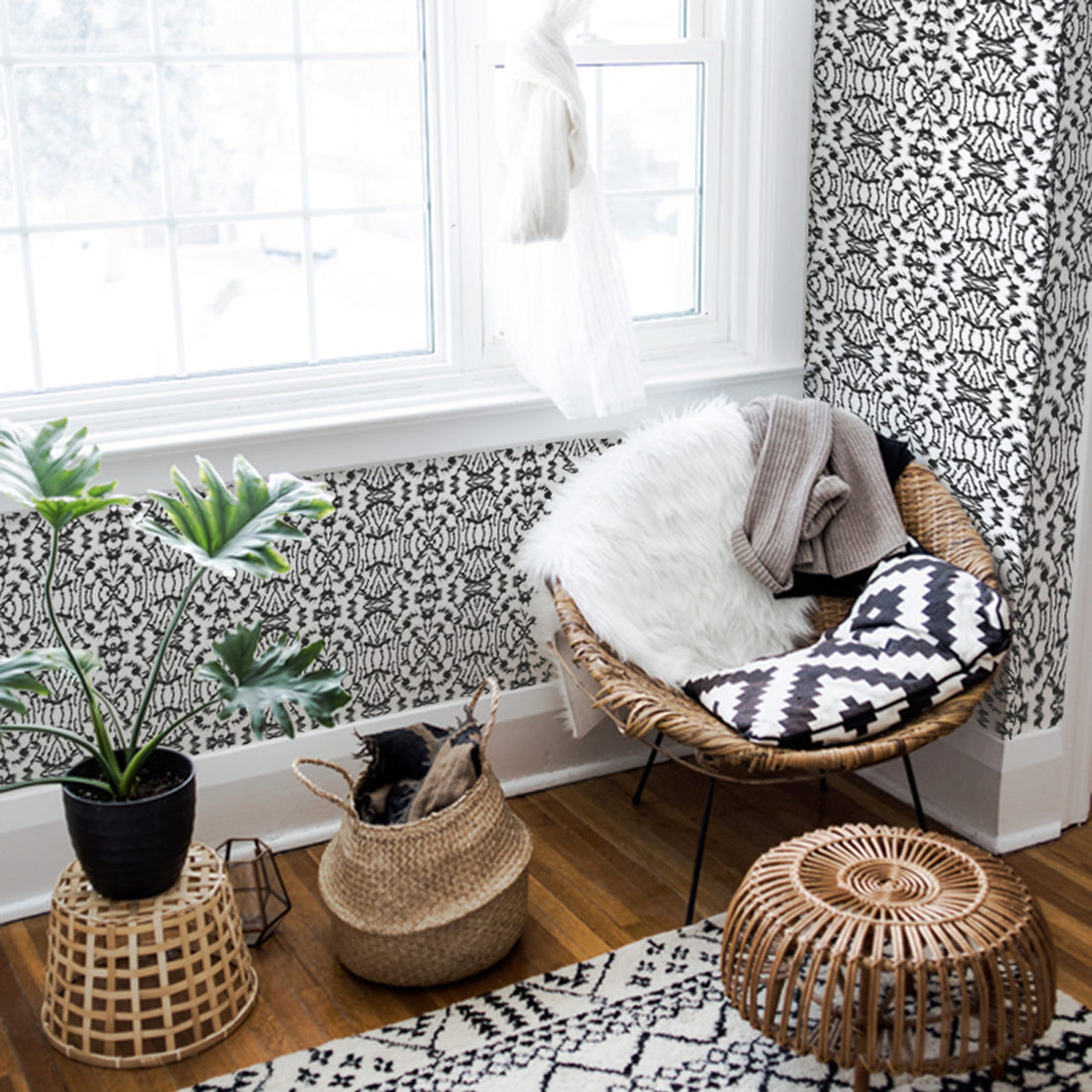 Tribal print removable wallpaper in black and white