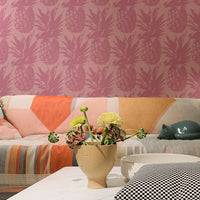 Modern pink pineapple design removable wallpaper in eclectic living room interior