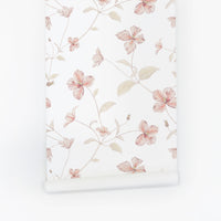 Pink floral removable wallpaper for soft nursery interiors