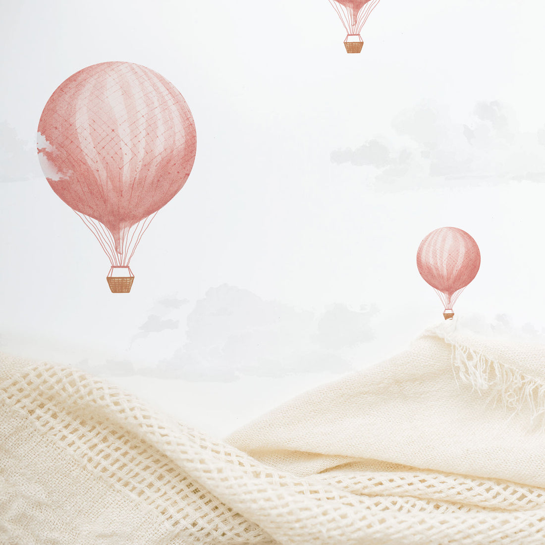 Vintage air balloon removable wallpaper in soft nursery interior