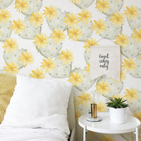 Yellow watercolor cactus removable wallpaper for bohemian girl's nursery