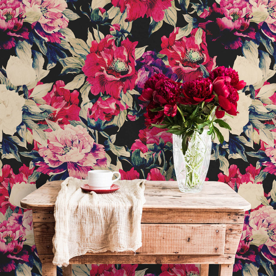 Bold red floral design removable wall mural in country style bohemian kitchen interior