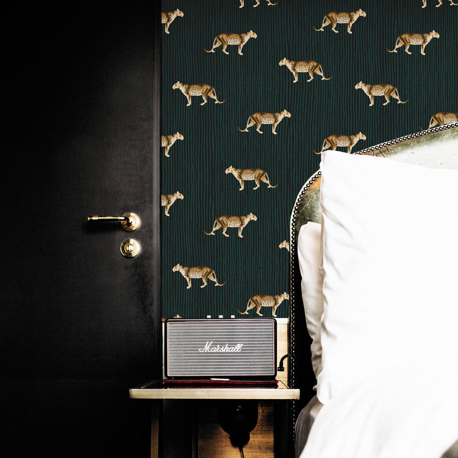 Mid century modern bedroom interior with leopard design removable wallpaper