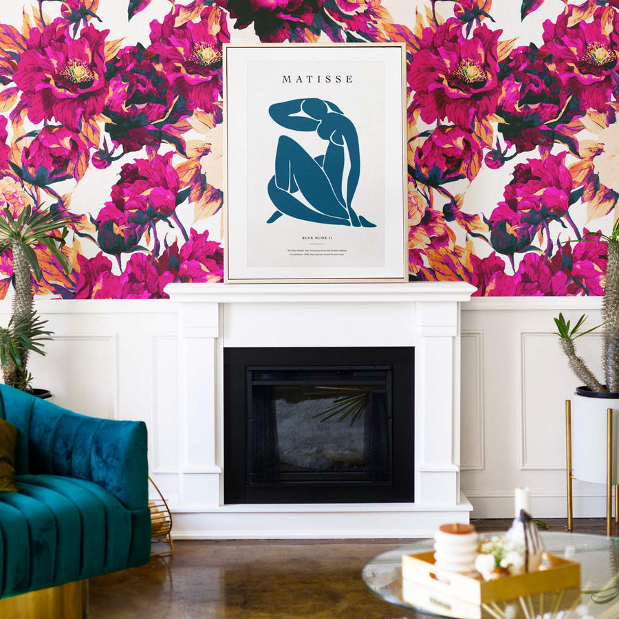 bright floral wallpaper living room interior with fireplace