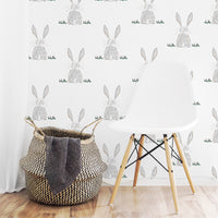 minimal grey bunny print wallpaper for bohemian gender neutral kids bedroom