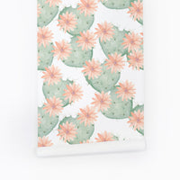 Light green cactus removable wallpaper with pink flowers