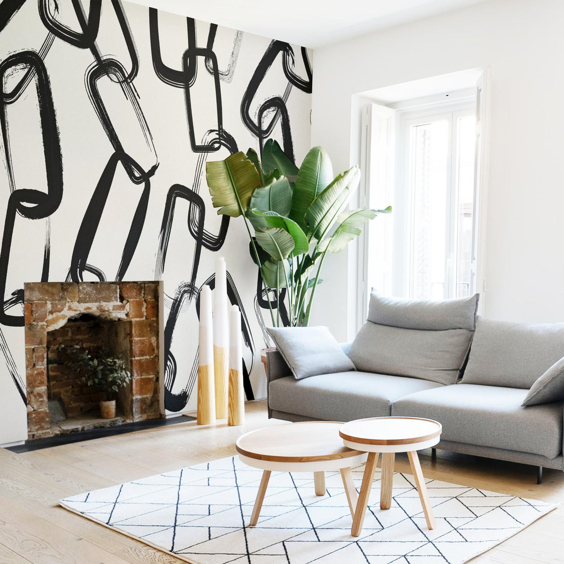 Scandinavian living room interior with oversized brush strokes wall mural