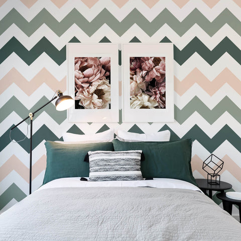 Pale pink and green chevron wallpaper