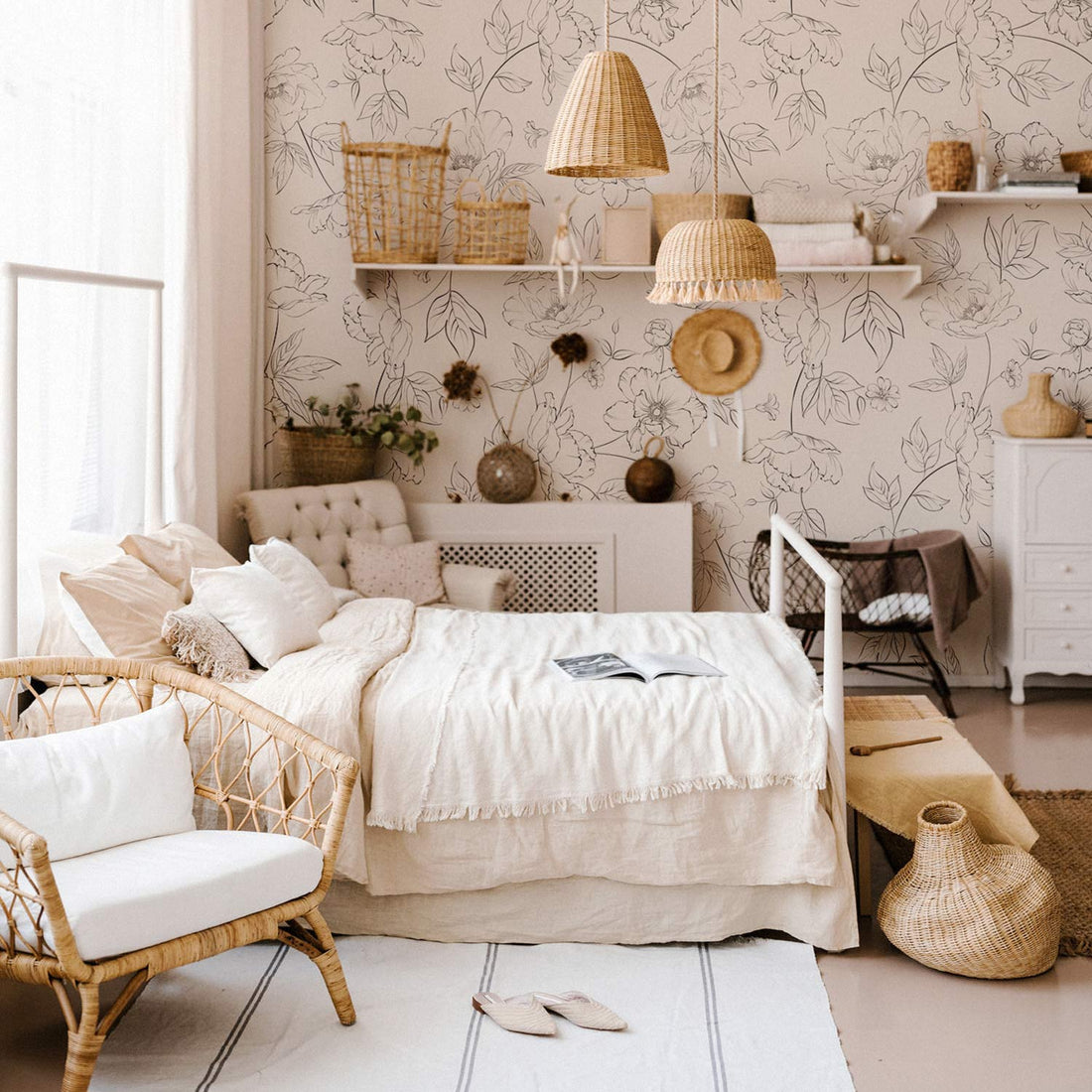 Delicate floral design removable wallpaper in bohemian bedroom interior