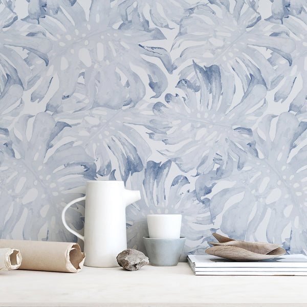 Delicate palm leaves design removable wallpaper in ligth blue color 1 grande