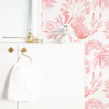 Coral removable wallpaper in elegant white and gold bathroom interior