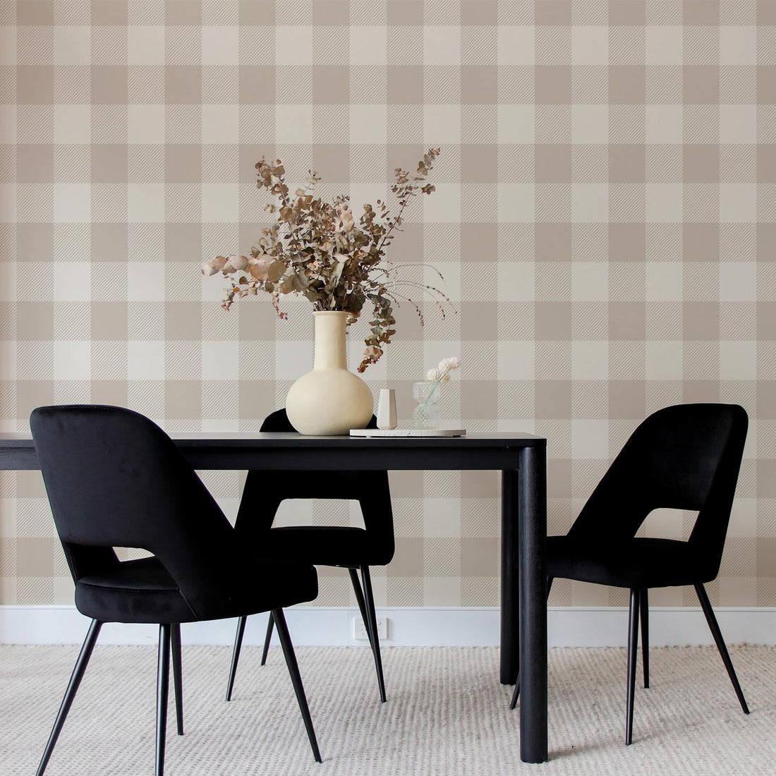 beige checkered removable wallpaper design in dining room interior