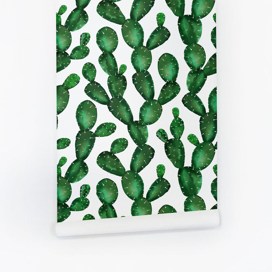 Modern watercolor cactus removable wallpaper in dark green color