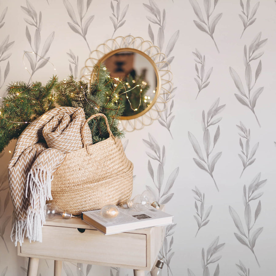 festive farmhouse style removable wallpaper with botanical leaves