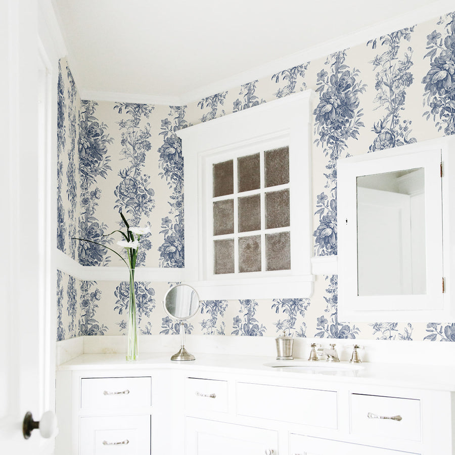 Blue toile removable wallpaper by Livettes Wallpaper