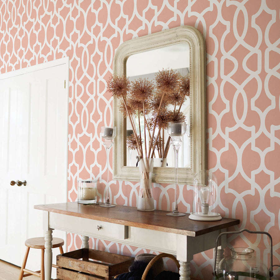 Blush pink moroccan design removable wallpaper in neutral color entryway interior