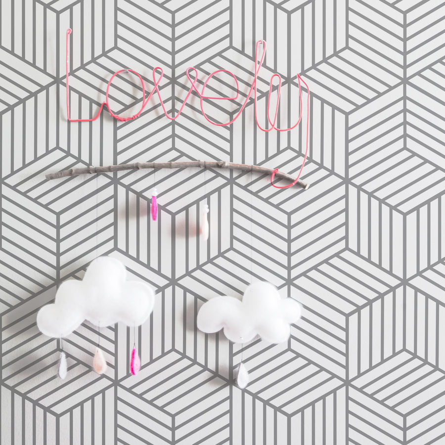 light grey kids bedroom wallpaper with striped geometric cube pattern