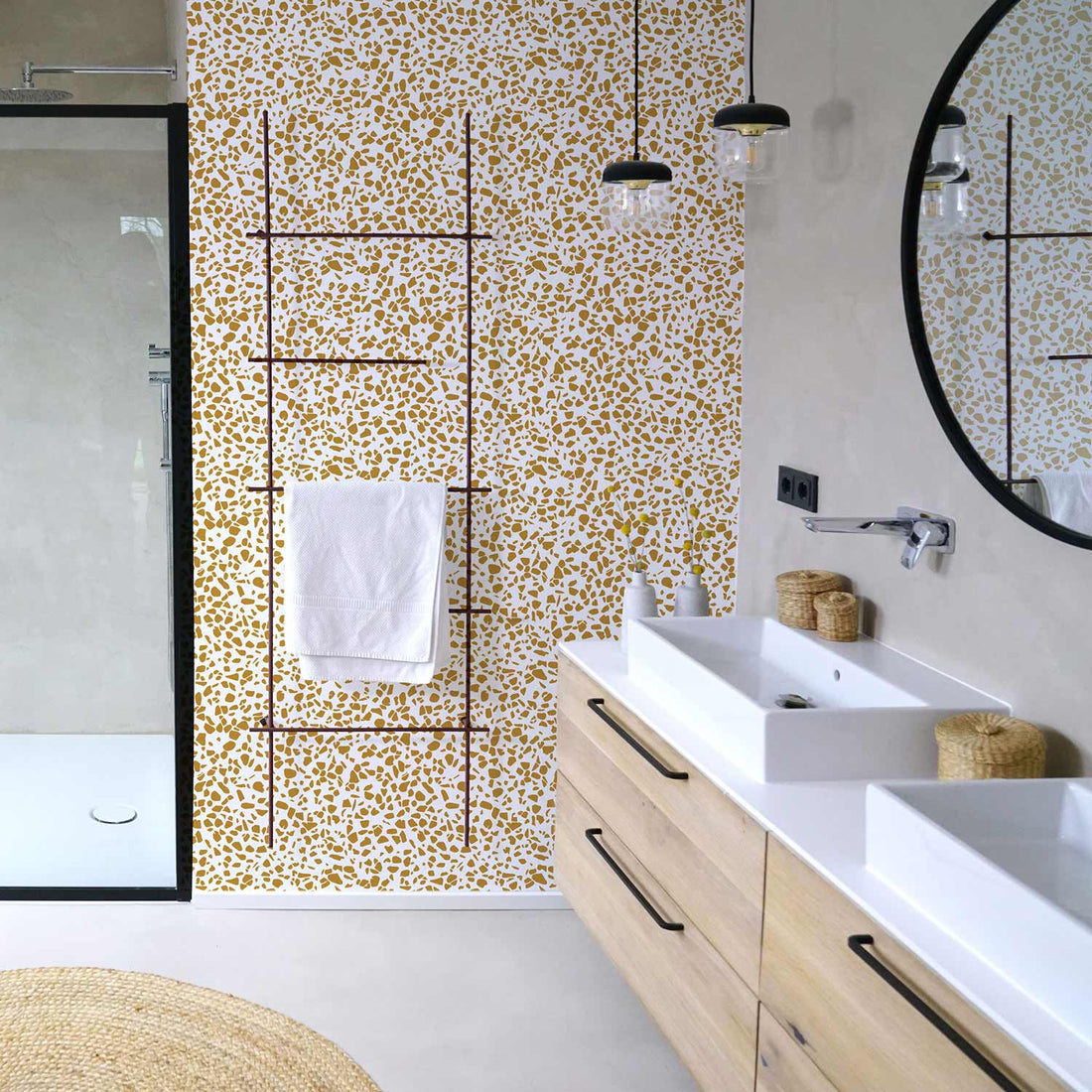 faux gold terrazzo print wallpaper for bathroom design