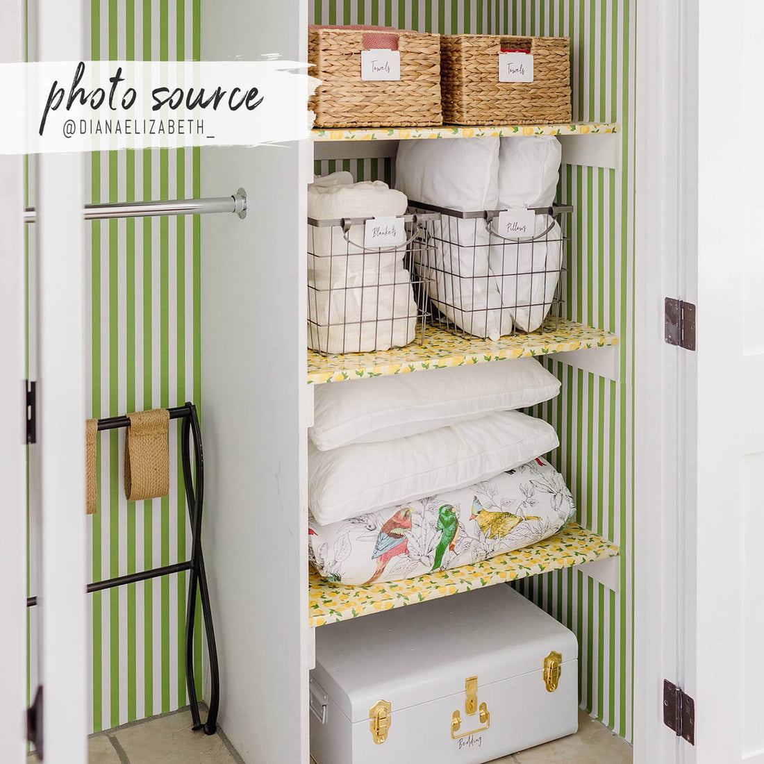 bright green modern wallpaper design with simple lines print for tiny closet space