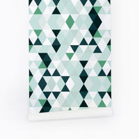 green geometric triangle shape pattern wallpaper for boys bedroom interior