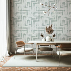 pale green crossing lines pattern wallpaper in modern boho farmhouse style dining room style