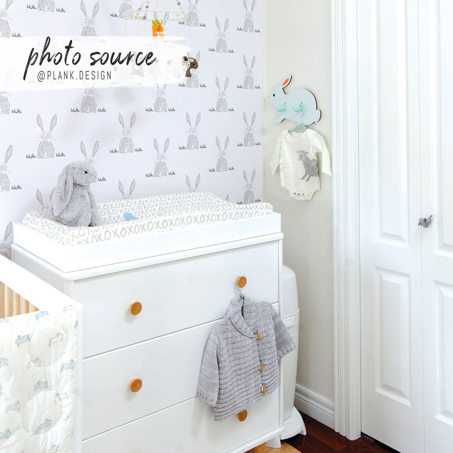 grey tiny bunny print wallpaper for boys nursery interior