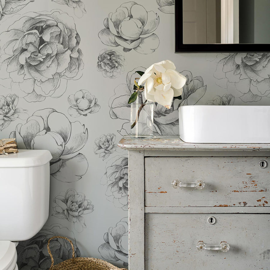 grey floral design magnolia peony wallpaper for powder room