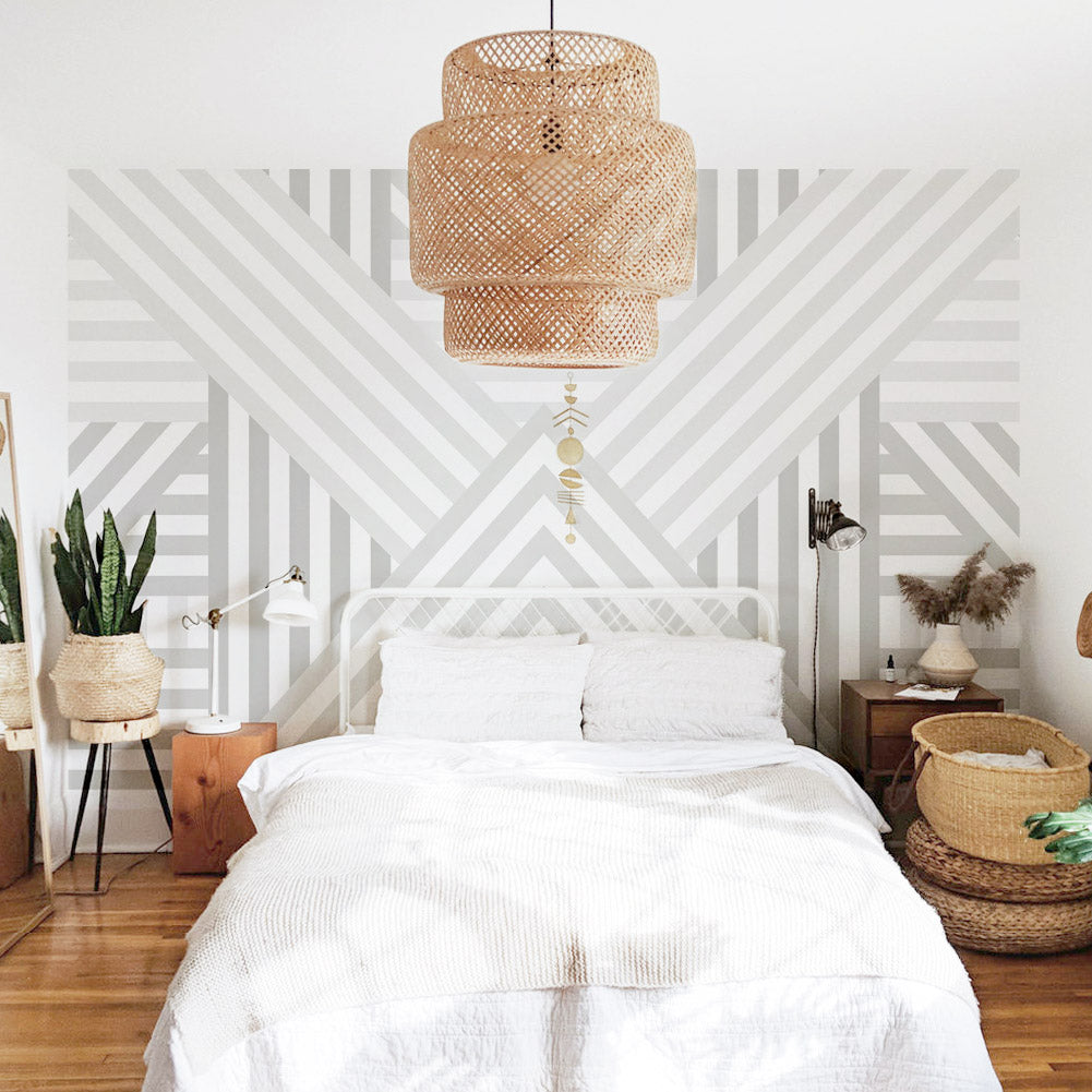 light grey striped wall mural for bohemian style bedroom interior