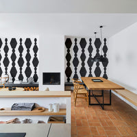 Modern geometric wood blocks design removable wallpaper in mid century modern interior
