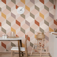 large scale cube pattern wall mural for kitchen interior in pastel colors