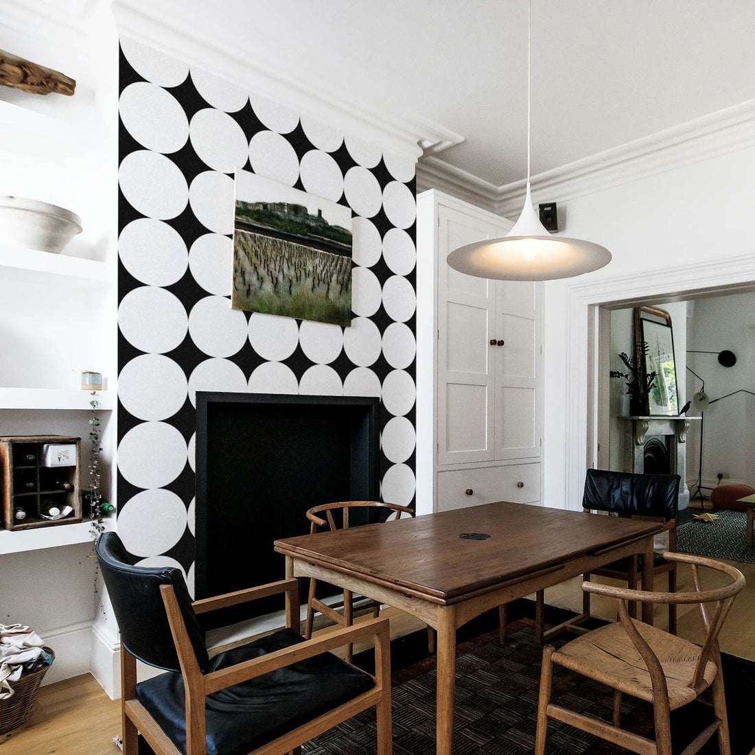 Bold circles design removable wallpaper in mid century modern living room interior