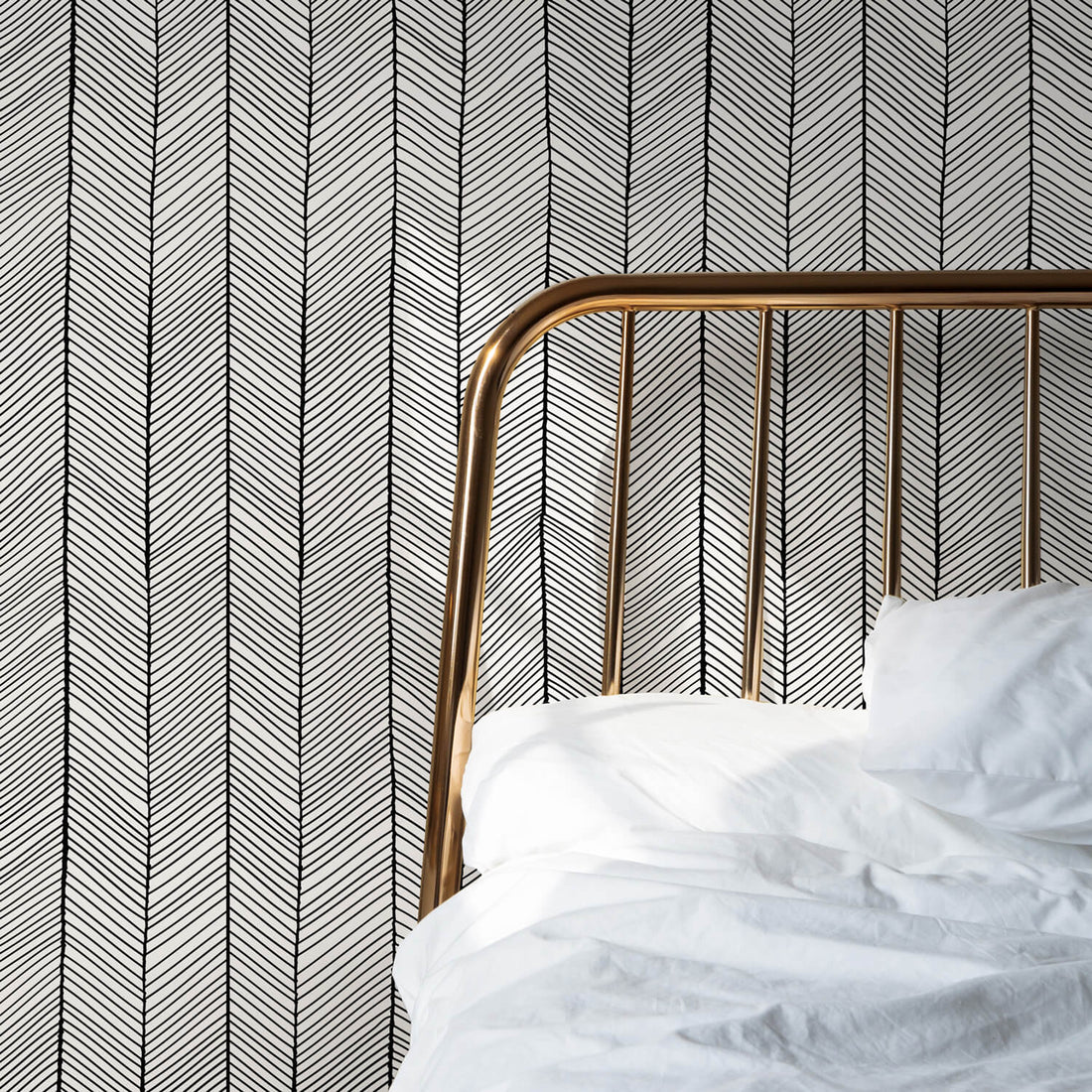 Modern herringbone wallpaper in bedroom interior