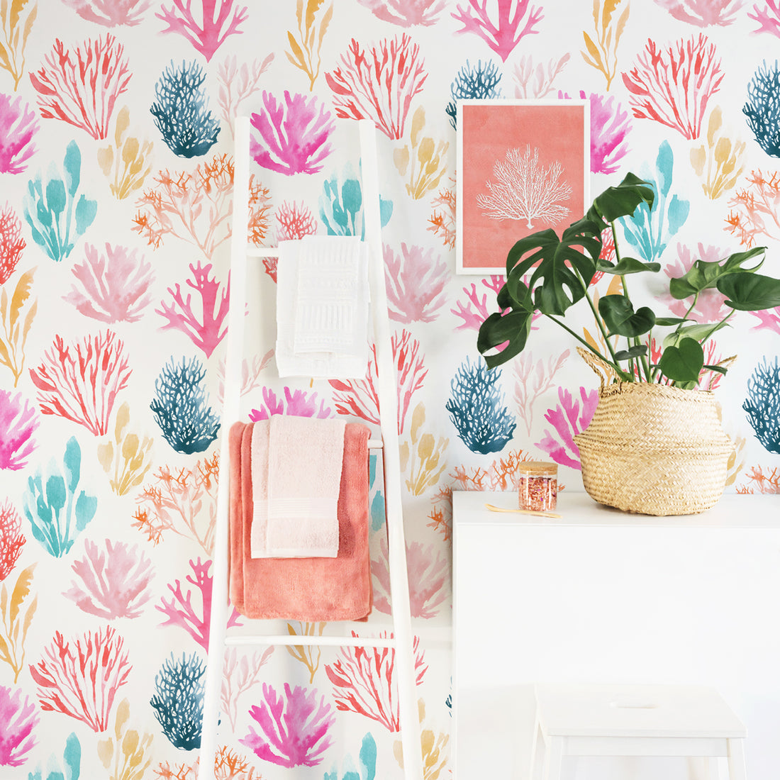 Coral removable wallpaper in bright bohemian bathroom interior