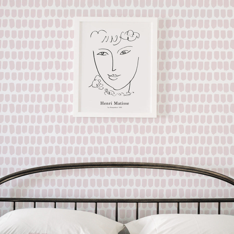 minimal french style girls bedroom interior with pink tiny speckles print wallpaper