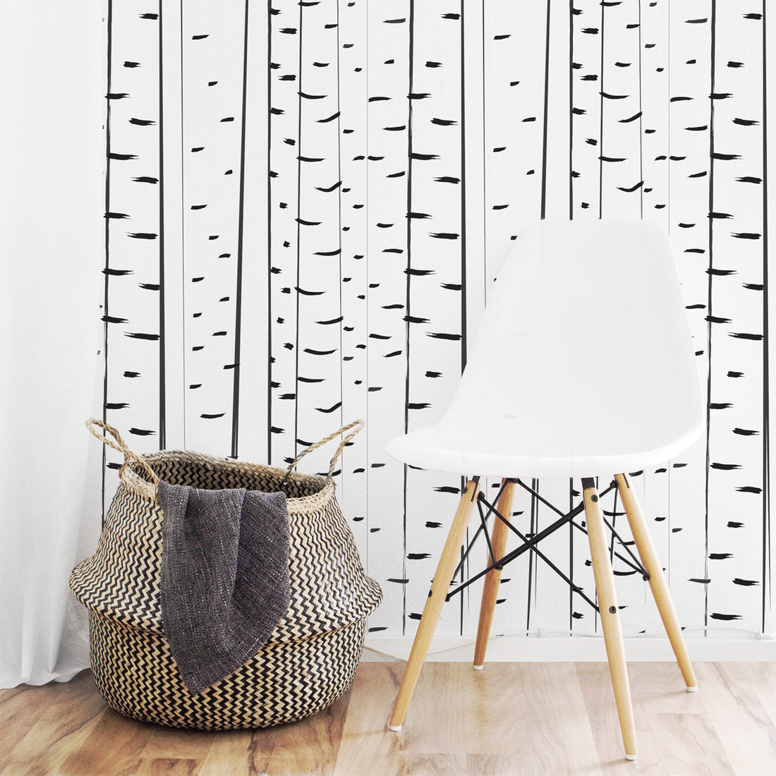 Modern birch tree removable wallpaper in scandinavian kid's room interior