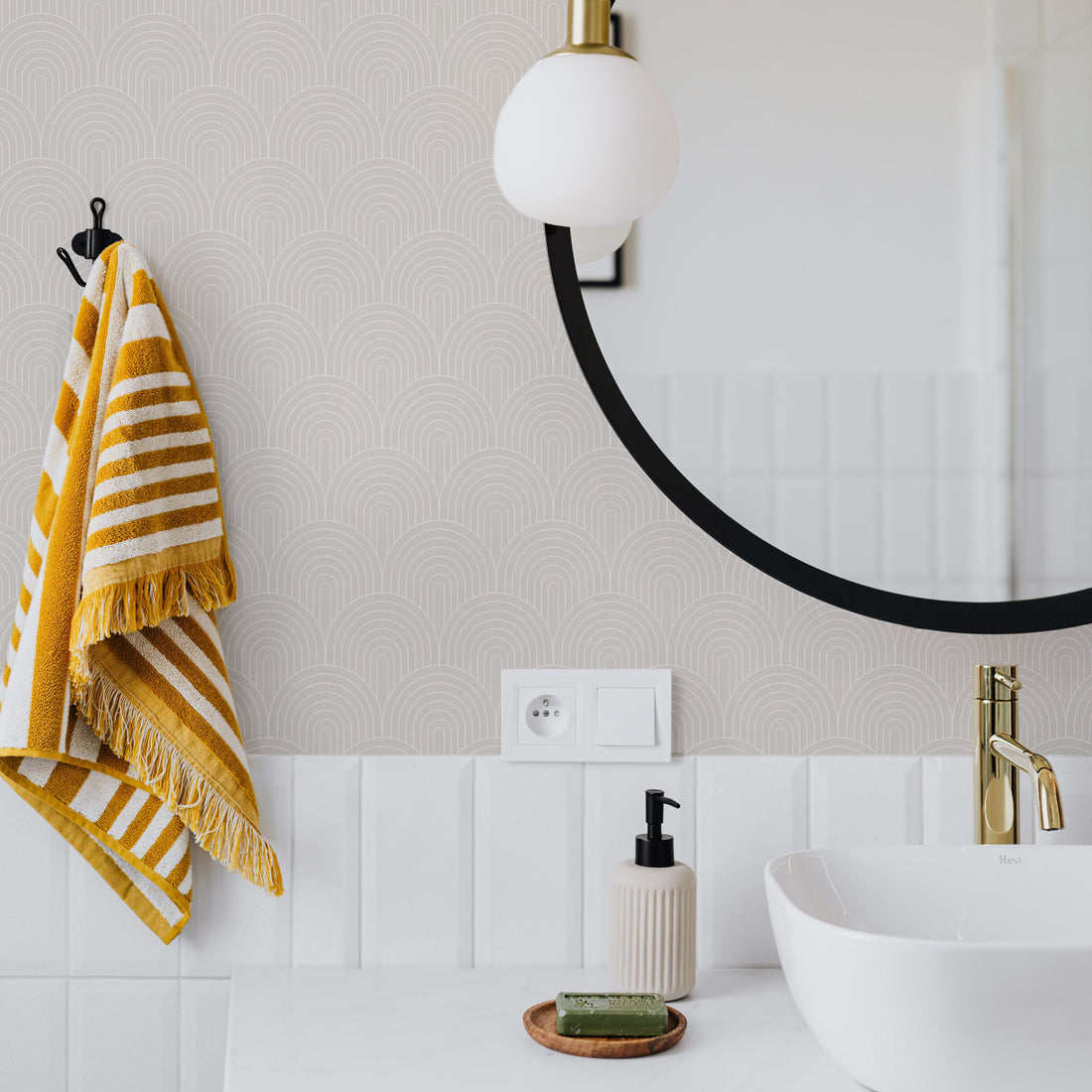 Modern boho bathroom interior with elegant scallop design removable wallpaper