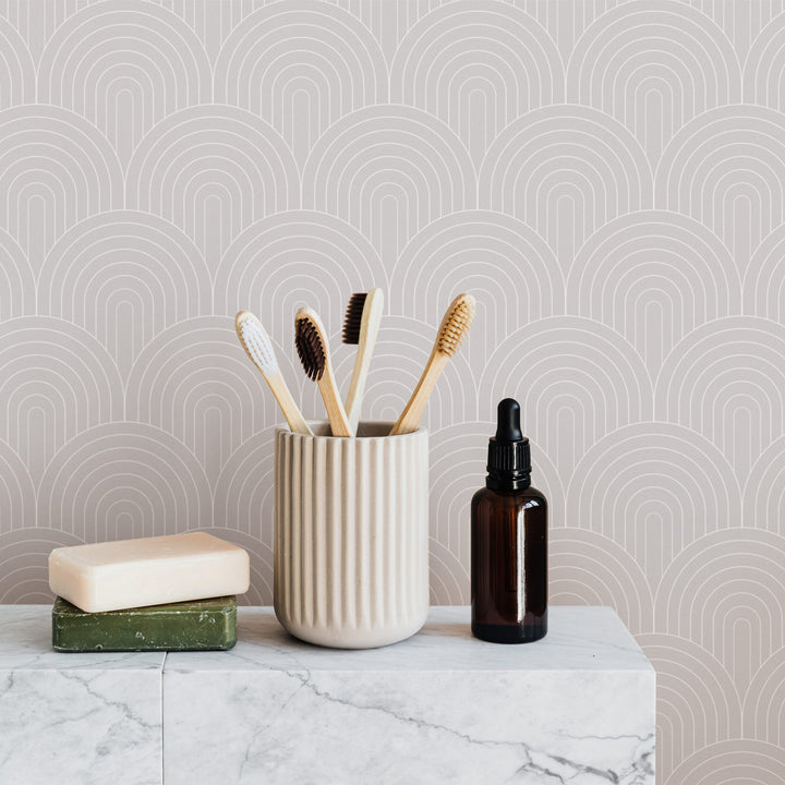Art deco style scallop pattern removable wallpaper in neutral pink color