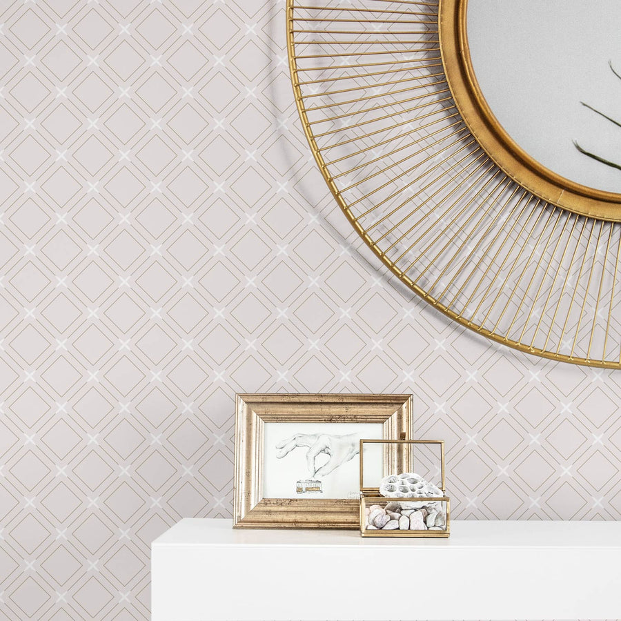 Neutral pink color removable wallpaper with geometric tile design