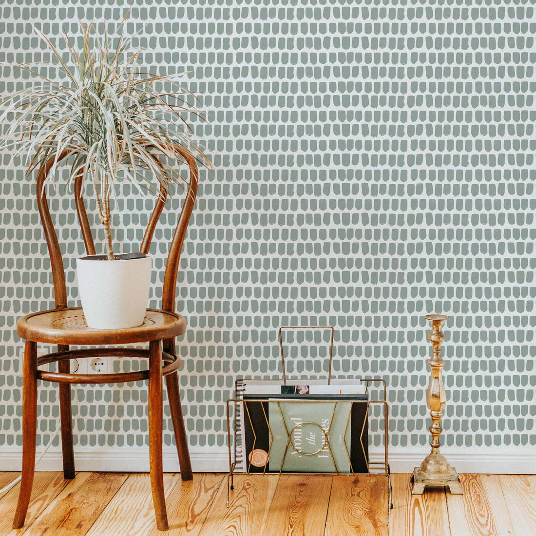 Sage green removable wallpaper in bohemian style home interior