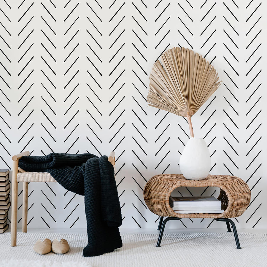 simple black and white striped wallpaper for bohemian inspired interior