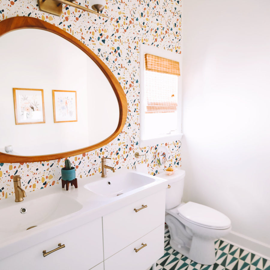 bright terrazzo wallpaper in bathroom interior 