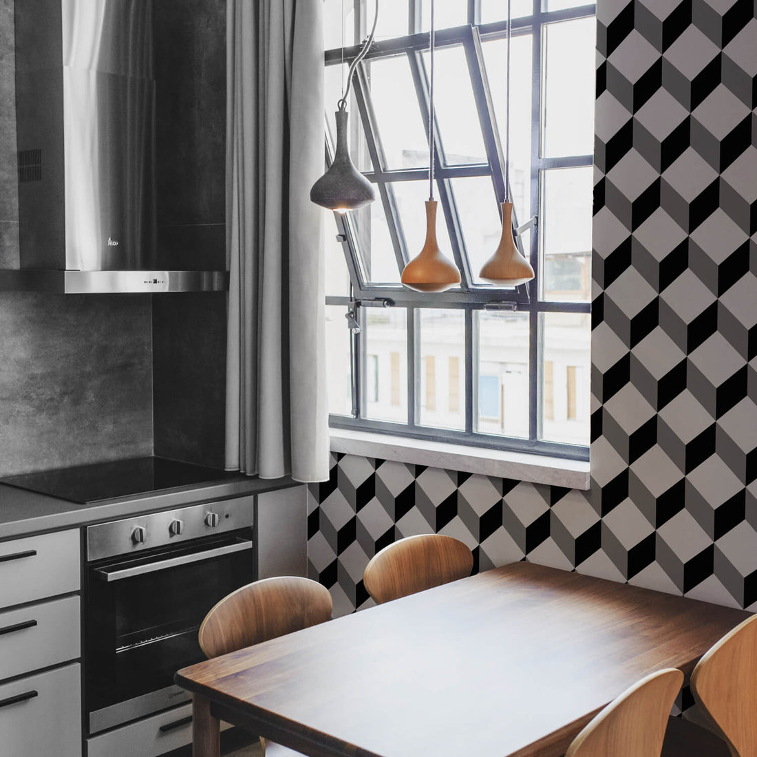 Dark grey kitchen interior with geometric cubes design accent wall