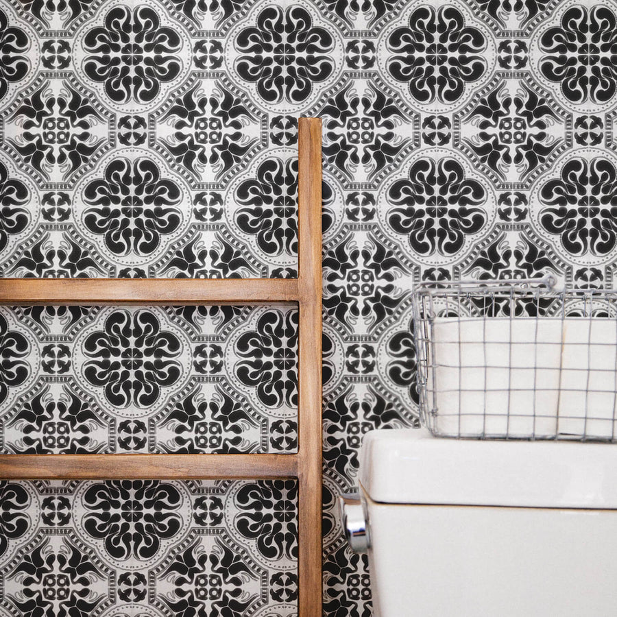 modern farmhouse bathroom with black moroccan tile wallpaper