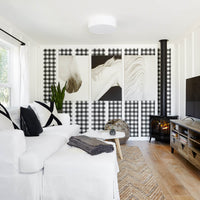 modern farmhouse lounge room interior with black plaid wallpaper